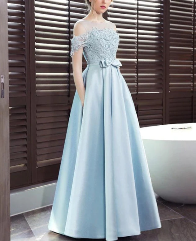 Luolandi Blue Satin A-line Long Party Dress Elegant Prom Dress Chic Evening Dress With Bow